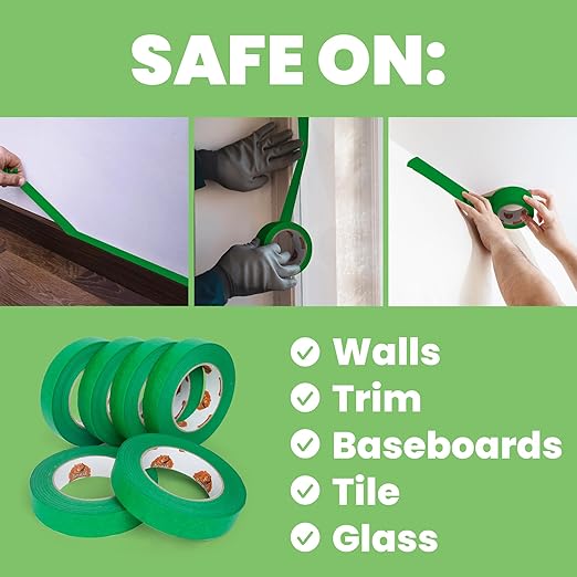 Green Painters Tape Multi-Surface Masking Tape 0.94 inch x 60 Yard, Indoor and Outdoor Painting Tape, Residue Free Easy Removal with Sharp Lines, Paint Tape for Walls, Auto, Home, 6Rolls