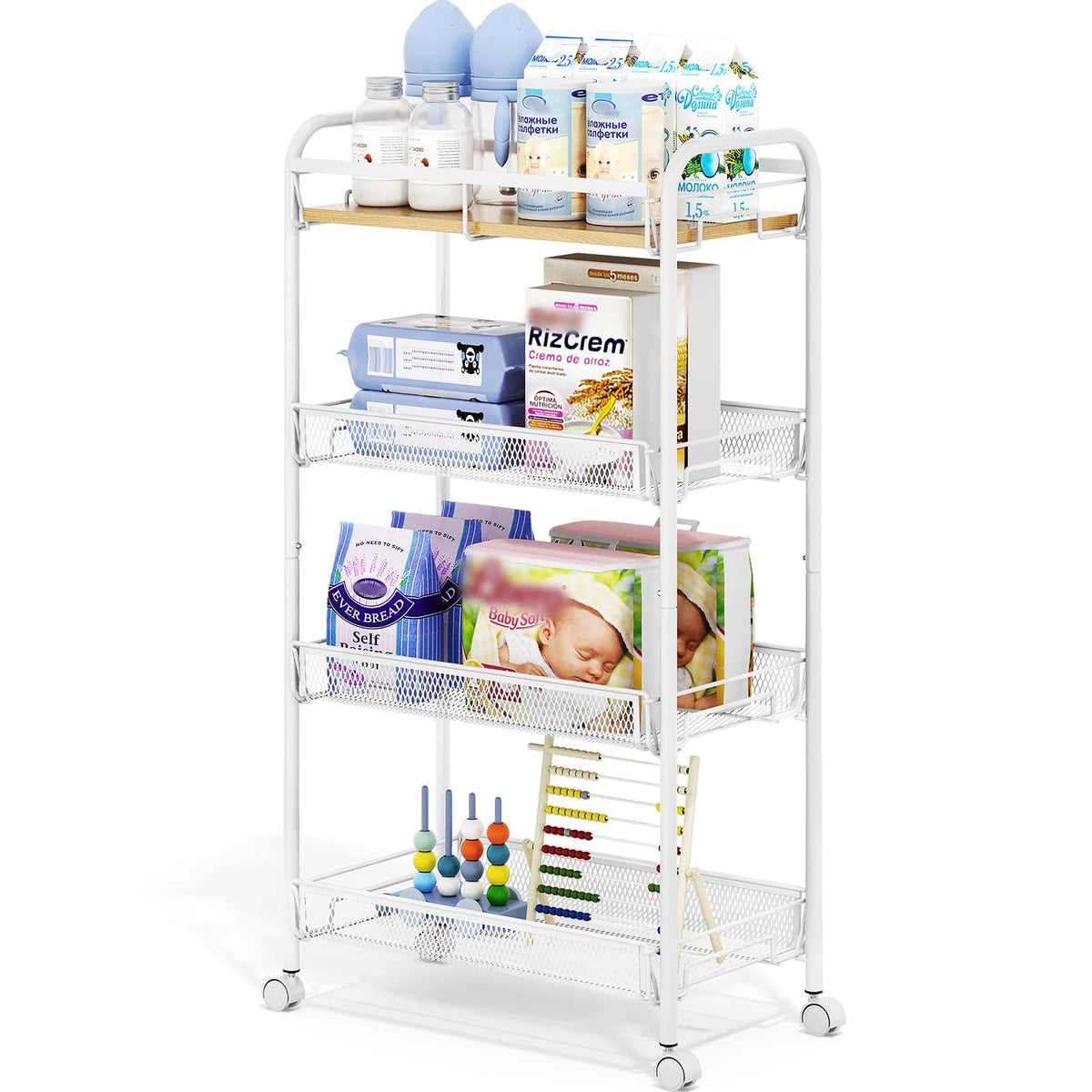 TOOLF 4-Tier Rolling Cart, Metal Utility Cart, Slide Out Storage Cart with Wooden Tabletop and Mesh Baskets, Easy Assemble Trolley for Kitchen Bathroom Laundry Room Bedroom Apartments Dormitory