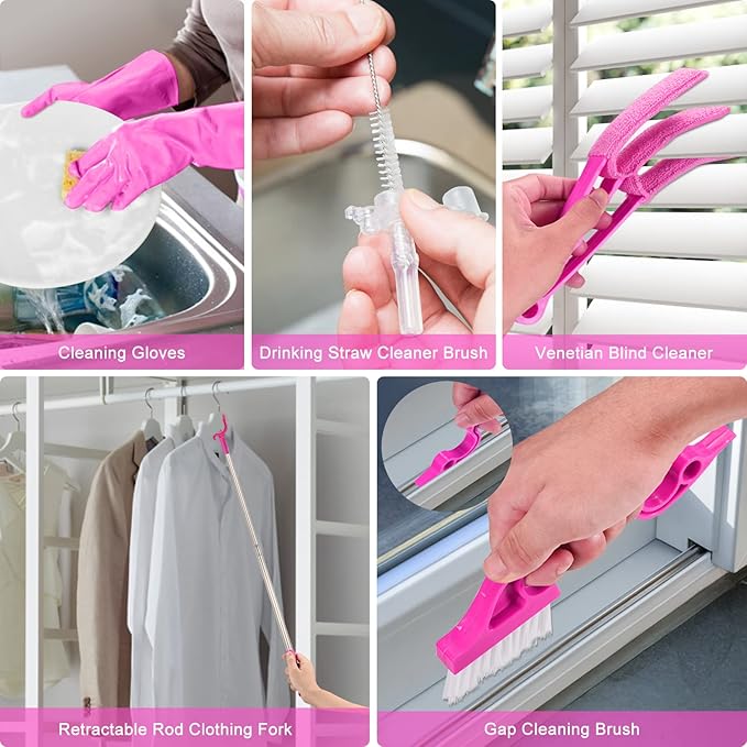 Microfiber Dusters for Cleaning, Feather Dusters with Extension Pole, Bendable & Washable Dusters for High Ceiling Fan, Blinds, Cars, Furniture, Cleaning Tools Kit Pink Gift for Women (15 PCS)