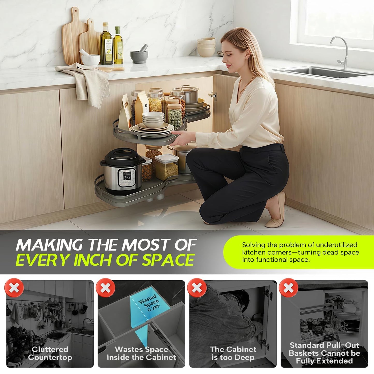 Blind Corner Cabinet Pull Out Organizer 12 14 16 18 Inch, 2 Tier Kitchen Cabinet Organizer, Heavy Duty Adjustable Lazy Susan Shelf with Soft Close, Left or Right Mount for Blind Corner Cabinets