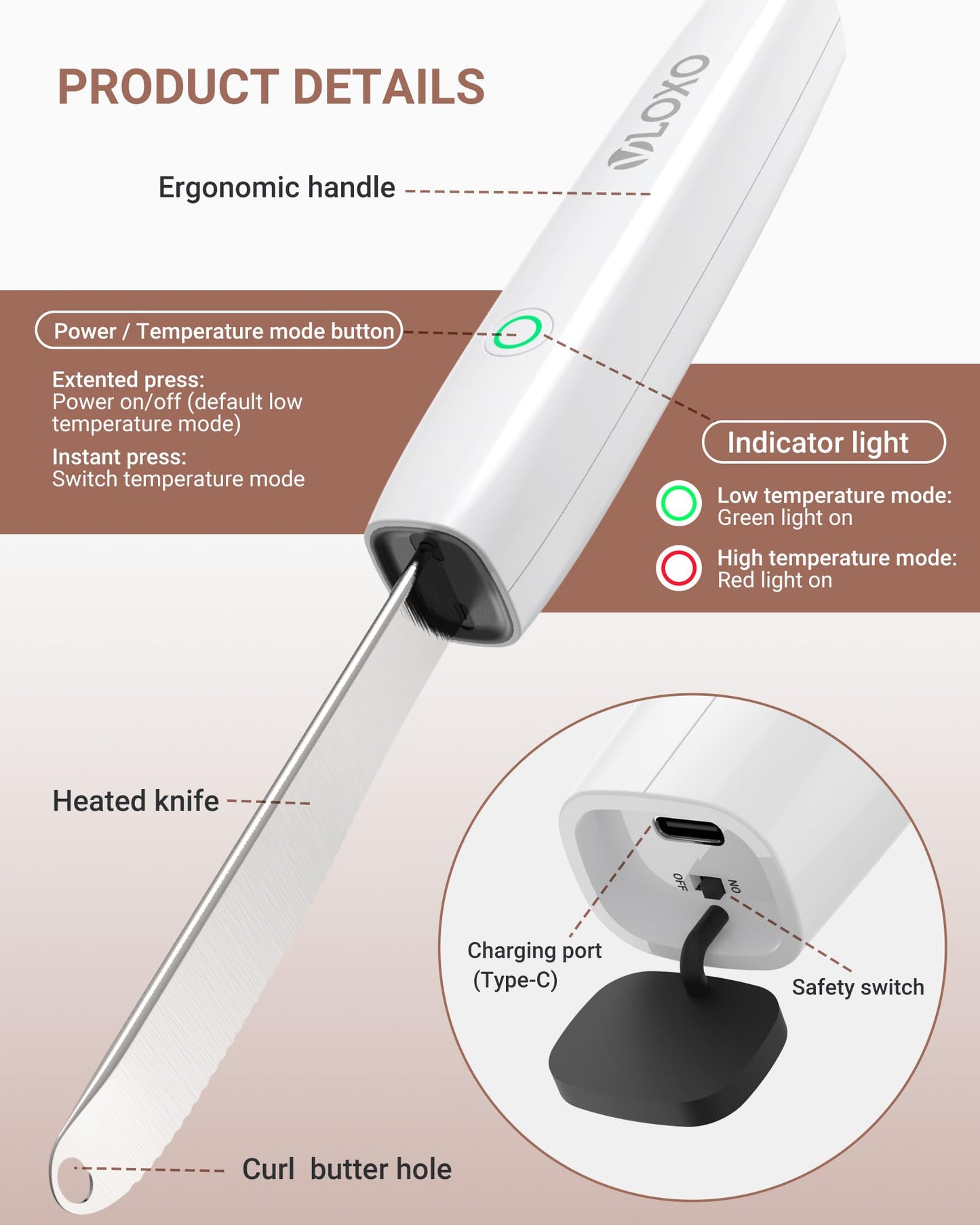 VLOXO Heated Butter Knife, Electric Cold Butter Spreader with 2 Heat Modes Fast Warming Without Tearing Toast Cordless Rechargeable Butter Knife for Hard Butter Cheese Honey Jam and Peanut Butter