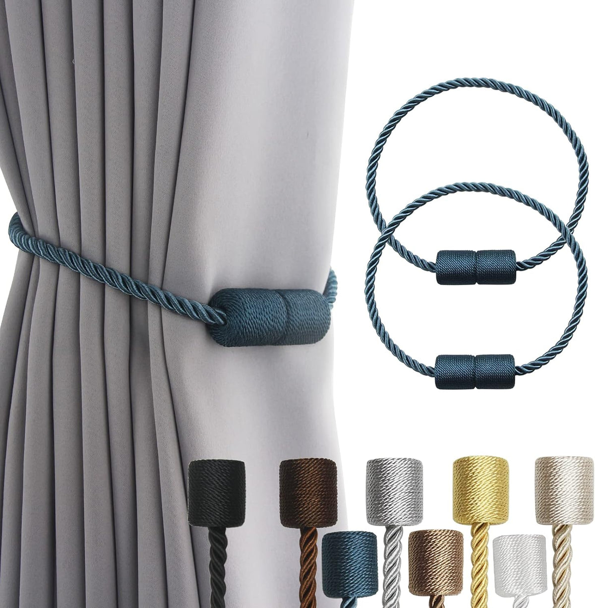 2 Pack Strong Magnetic Curtain Tiebacks Outdoor Elegant Decorative Tie Backs Modern Rope Tiebacks for Drapes Window Curtain Holdbacks for Draperies- Blue