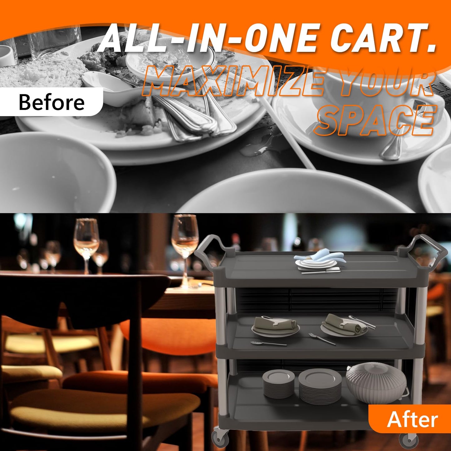 3-Tier Heavy-Duty Metal Service Utility Carts,Storage Mobile Kitchen Cart with Handle & Lockable Wheels,Portable Rolling Cart for Home Hotel Restaurant Garage Kitchen Office Organization