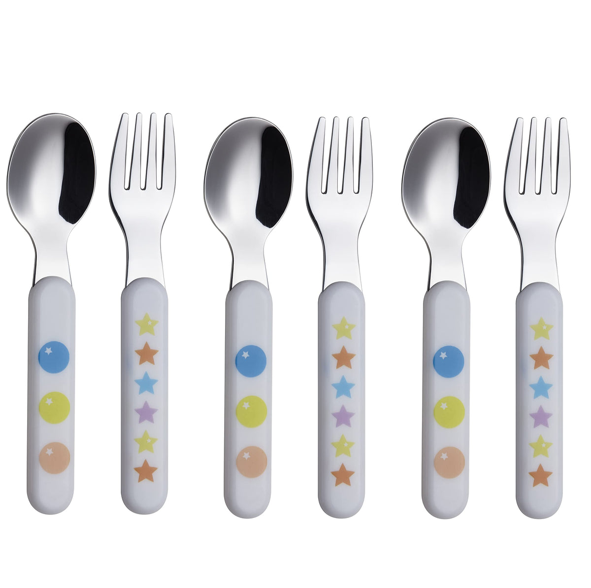 EXZACT Kids Flatware 6pcs Stainless Steel 18/10 Toddler Utensils Flatware- 3 x Forks, 3 x Spoons- BPA Free, Dishwasher Safe - 12 M+ - Stars & Dots