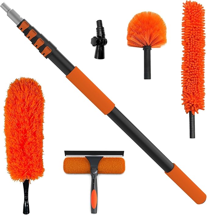Buyplus 26FT Reach Dusting Kit, Long Duster with 5-20FT Extension Pole for High Ceilings, Cobweb Duster, Microfiber Duster, Window Squeegee, Extendable Duster Cleaning Kit