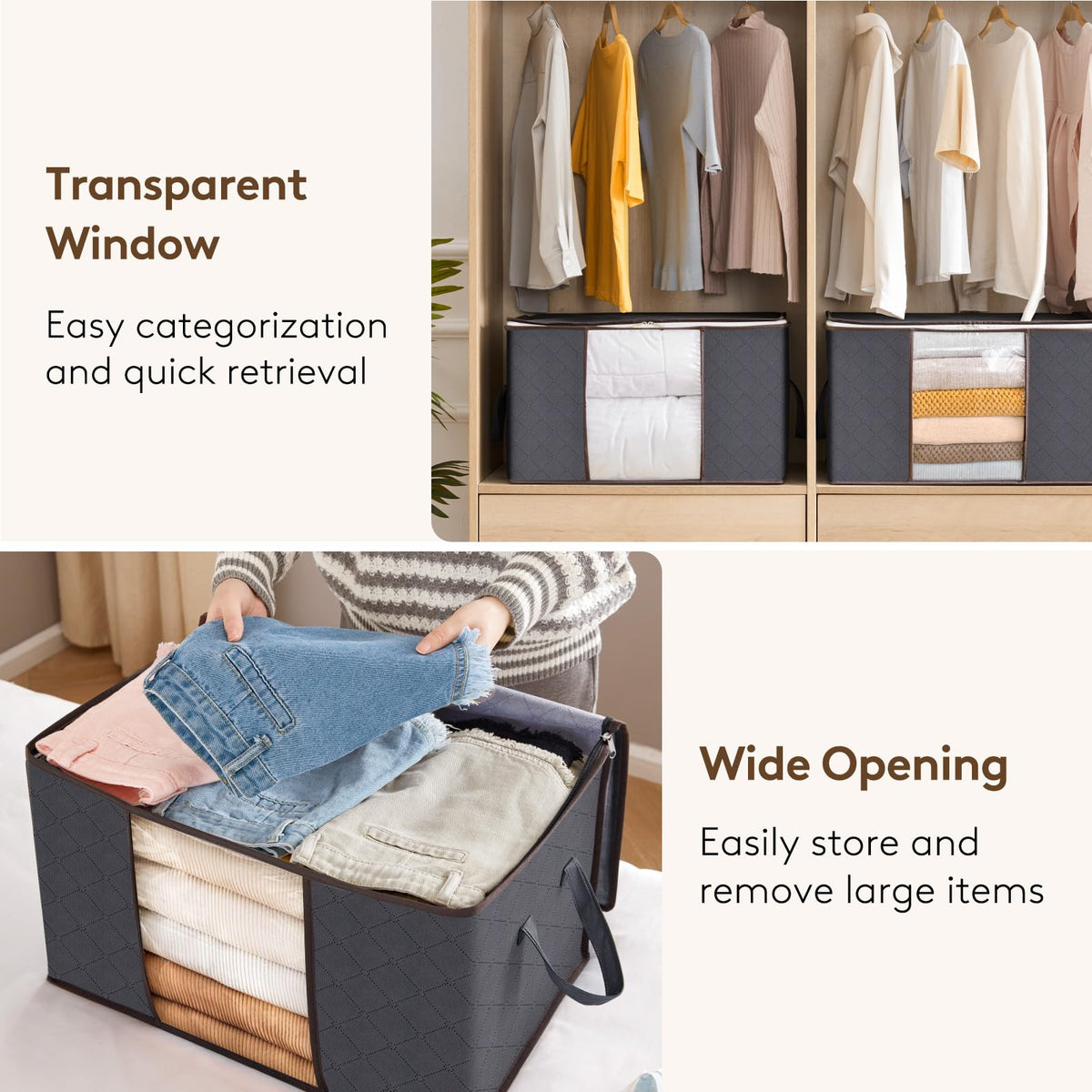 Lifewit 6 Pack Clothes Storage Bins with Lids, Foldable Blanket Storage Bags with Zippers, Clear Window and Reinforced Handles, Closet and Organization for Clothing, Sweater, Comforter, Bedding, Gray