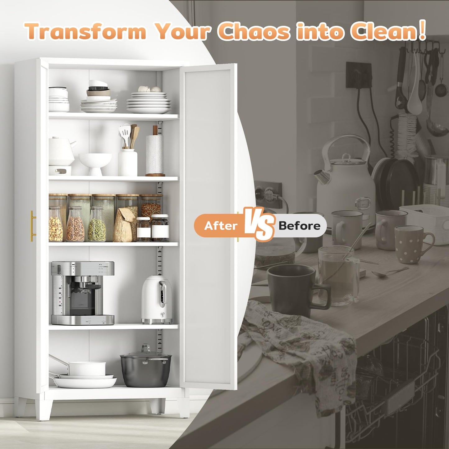 Zevemomo 71" Metal Pantry Cabinet with 4 Adjustable Shelves and 2 Doors, Freestanding Kitchen Storage Cabinet, Tall Steel Cupboard for Kitchen, Pantry, Dining Room, Living Room, Office, White