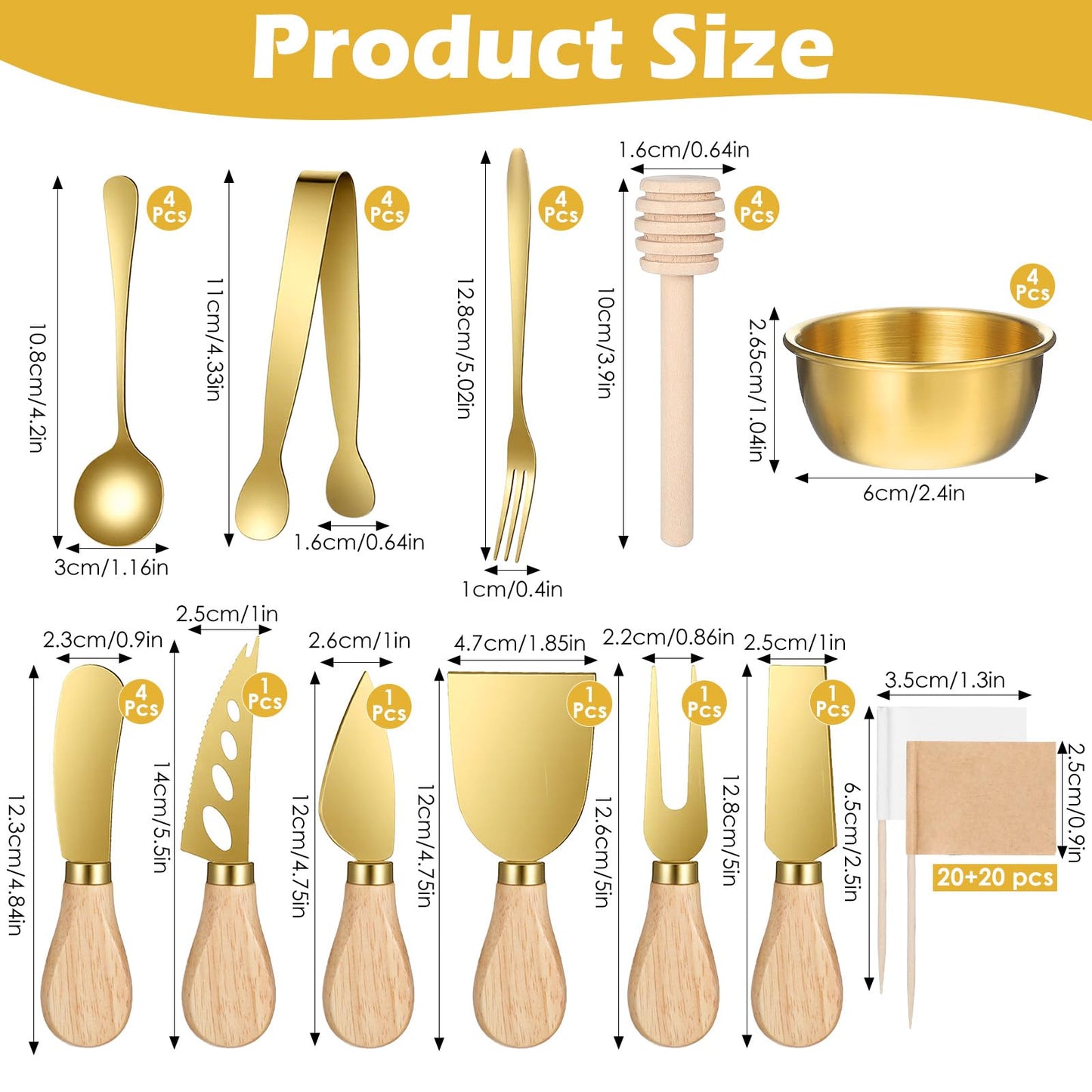 73Pcs Charcuterie Boards Accessories Gold Charcuterie Utensils Set, Cheese Butter Spreader Knife Set Small Serving Tongs Spoons Forks and Dipping Bowls Honey Dippers Toothpick Flags for Wedding Party