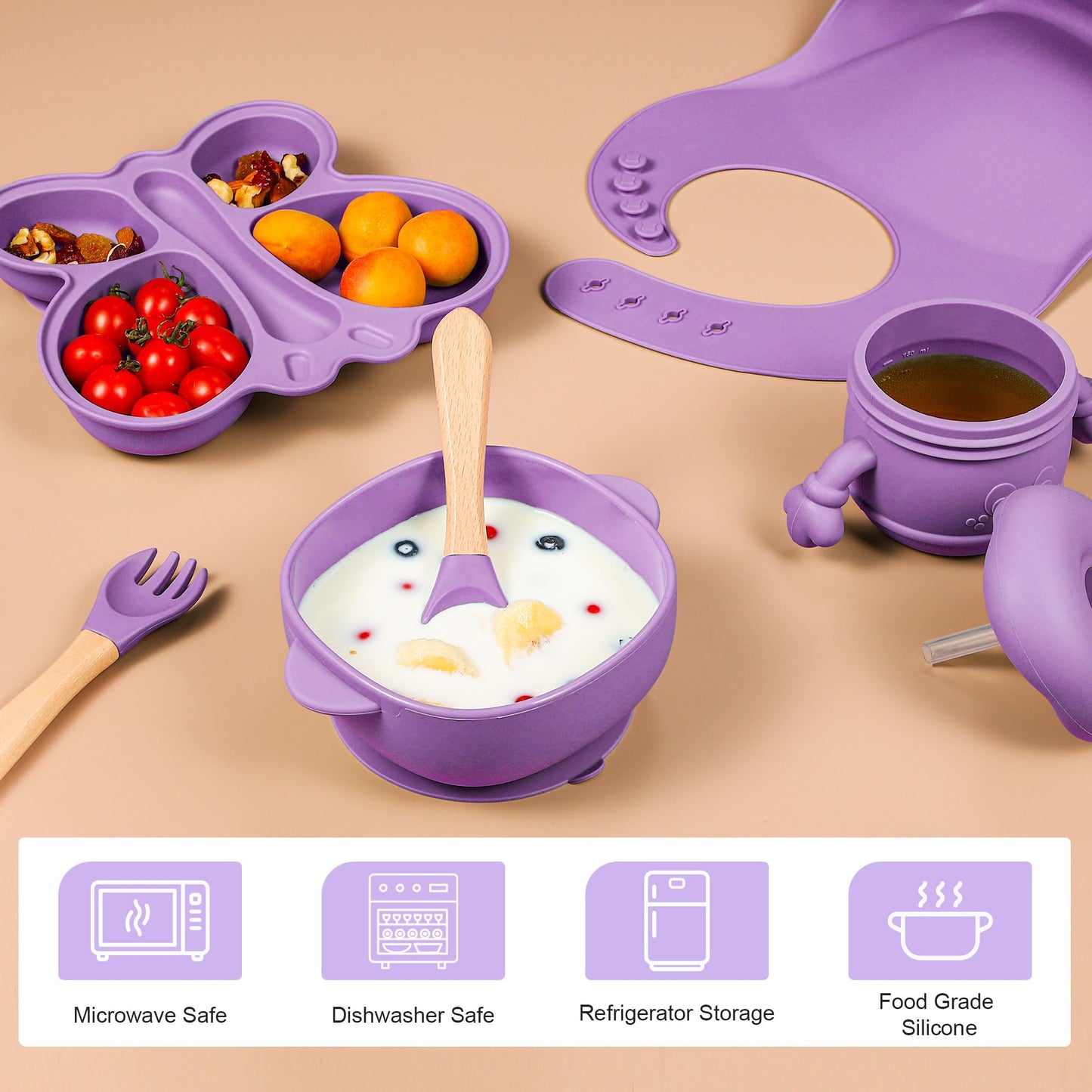 MIICASA Silicone Baby Feeding Set, Baby Led Weaning Supplies, Silicone Suction Butterfly Plate, Bowl, Spoons, Fork and Waterproof Bib & Cloth Bib, Eating Utensils Baby Feeding Essentials (Purple)
