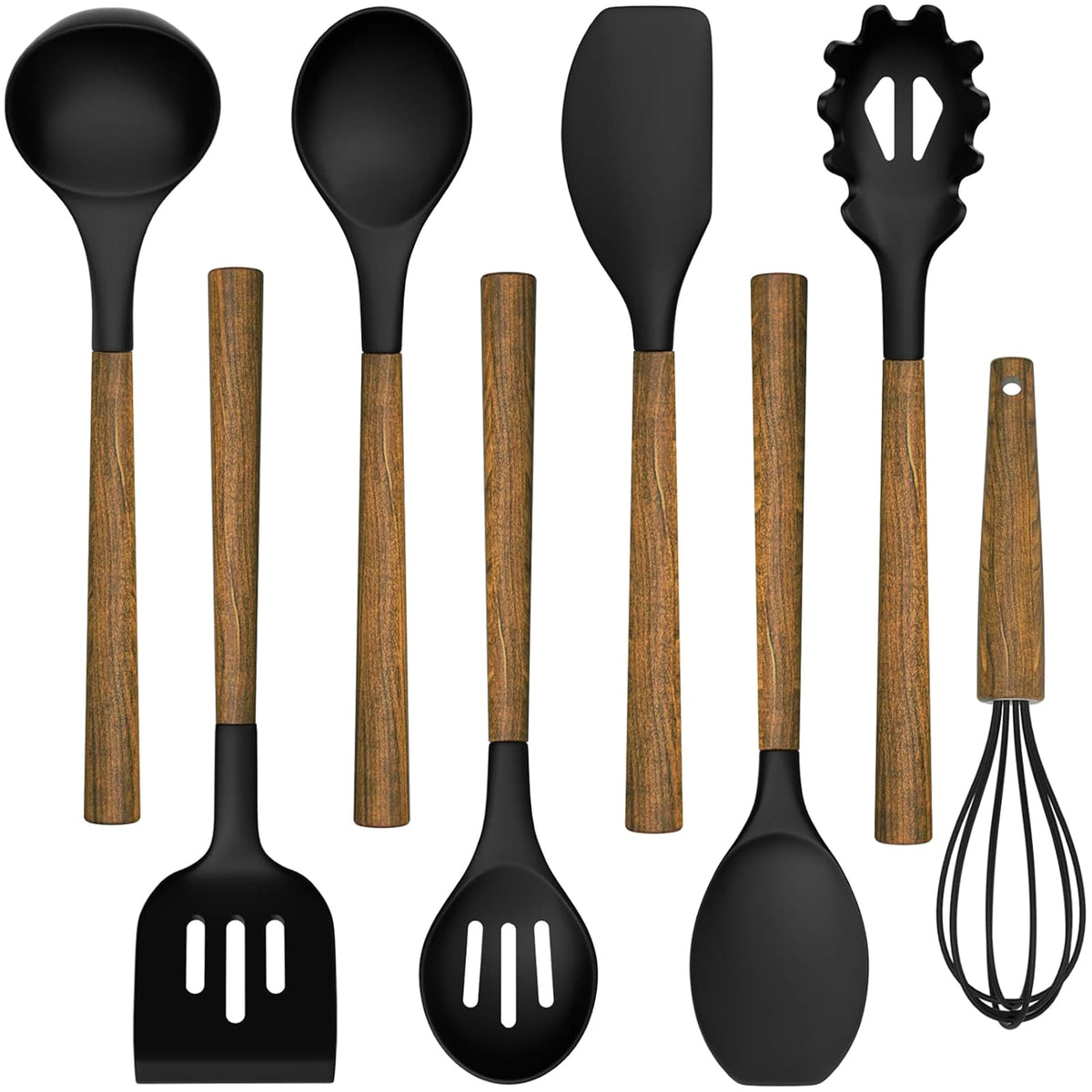 Silicone Cooking Utensil Set, Umite Chef 8-Piece Kitchen Utensils Set with Natural Acacia Wooden Handles,Food-Grade-Silicone Kitchen Gadgets Spatulas Set for Nonstick Cookware- Black