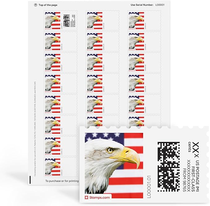Bald Eagle NetStamps 120-Pack (5 Sheets) Printable Postage Labels (Stamps.com Subscription Required) - Print Approved Postage - Inkjet & Laser Printers - Business, Personal, Home