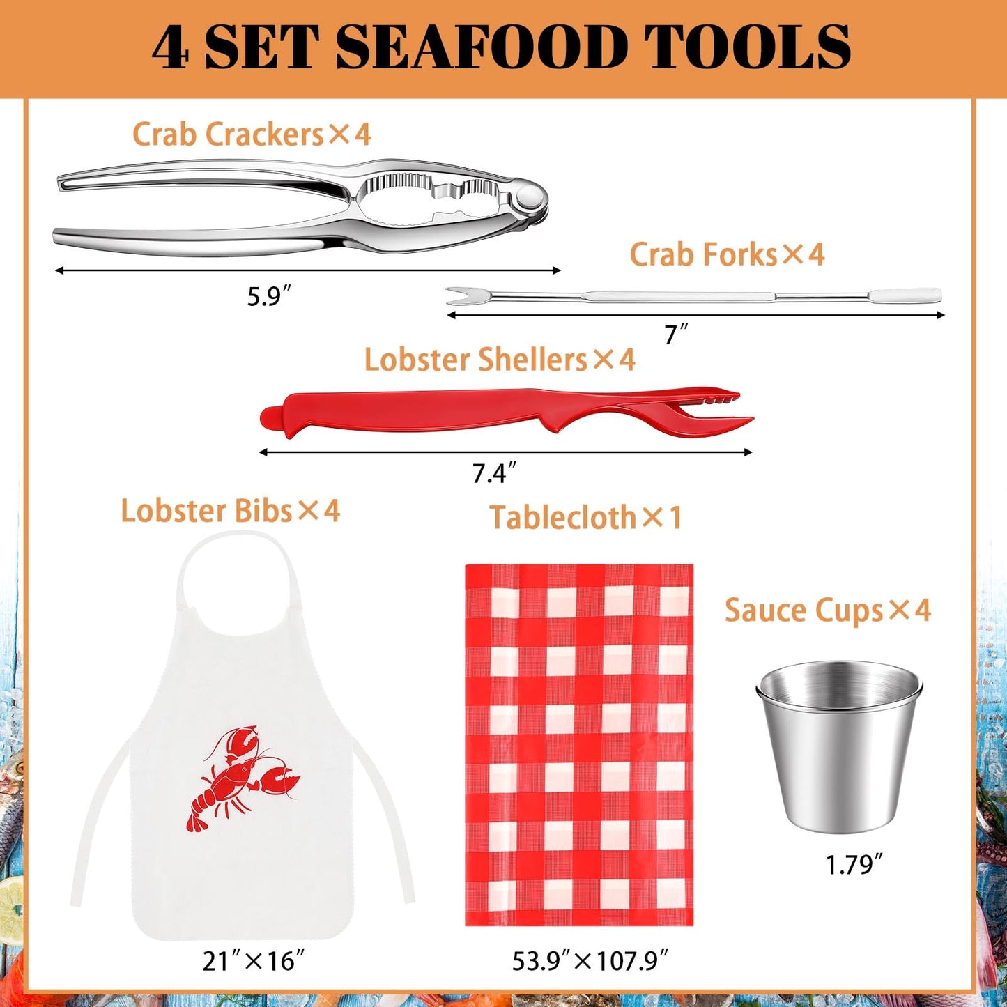 Mepase 21 Pcs Seafood Tools Set Nut Cracker Set Crab Crackers, Crab Forks/picks, Lobster Shellers, 1.7 oz Dipping Sauce Cups, Lobster Bibs, Red Checkered Disposable Plastic Tablecloth