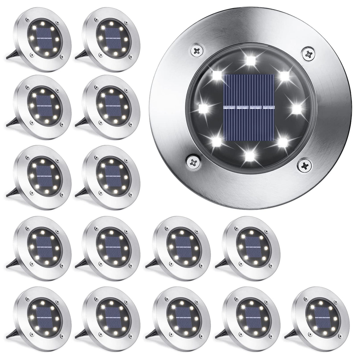 LYHOPE Solar Ground Lights Outdoor, 16 Pack 8 LED Solar Disk Lights Waterproof Garden In-ground Pathway Light Landscape Lighting for Lawn,Yard,Deck,Patio,Walkway (White)