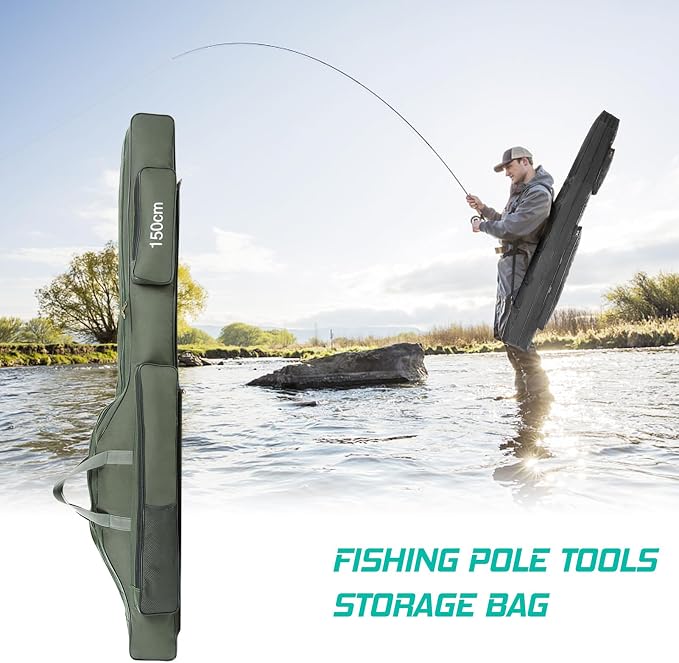 Fishing Rod Case with Fishing Tackle Box Portable Folding Rod Case Pole Reel Storage Bag Gears Organizer (150CM)