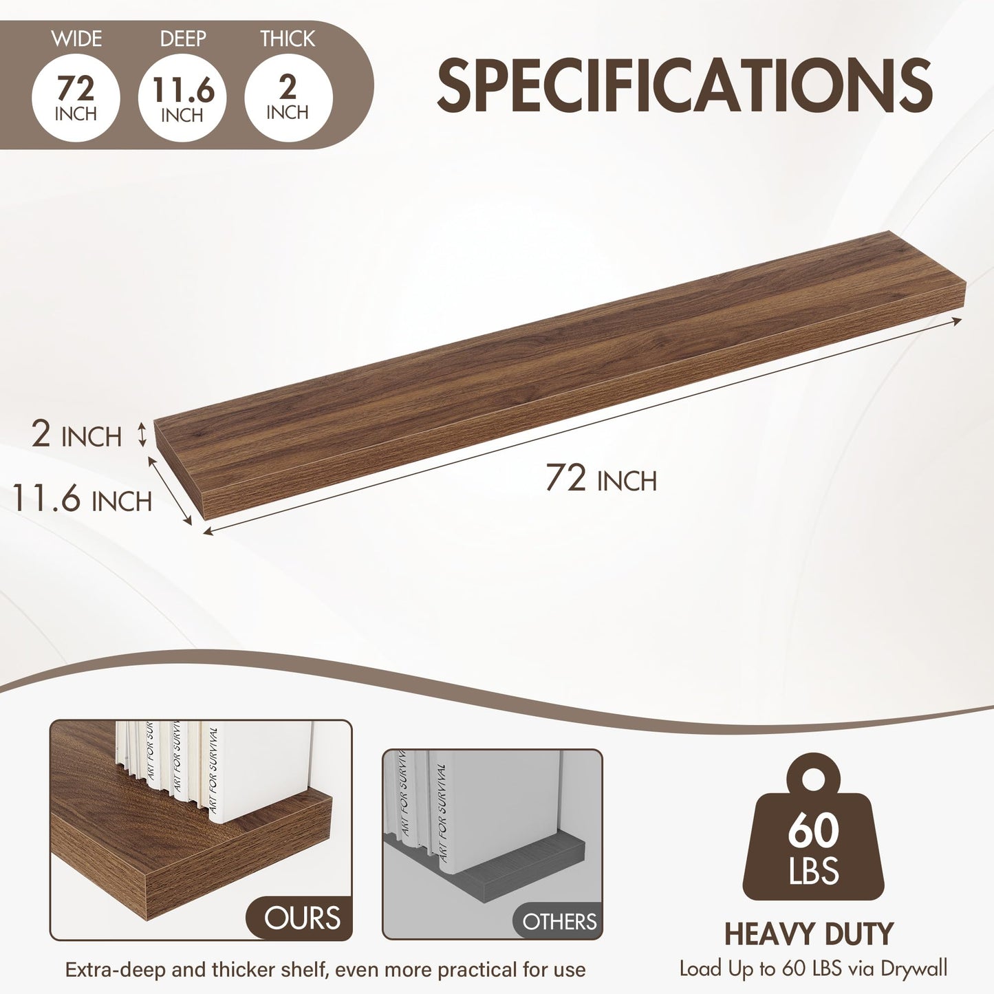 Acovy 72 Inch Floating Shelves, 12" Deep Floating Shelf Wall Mounted, 72" Wall Shelves, Rustic Deep Bookshelf, Extra Deeper & Thicker Display Shelves for Bedroom, Living Room, Walnut, Set of 1