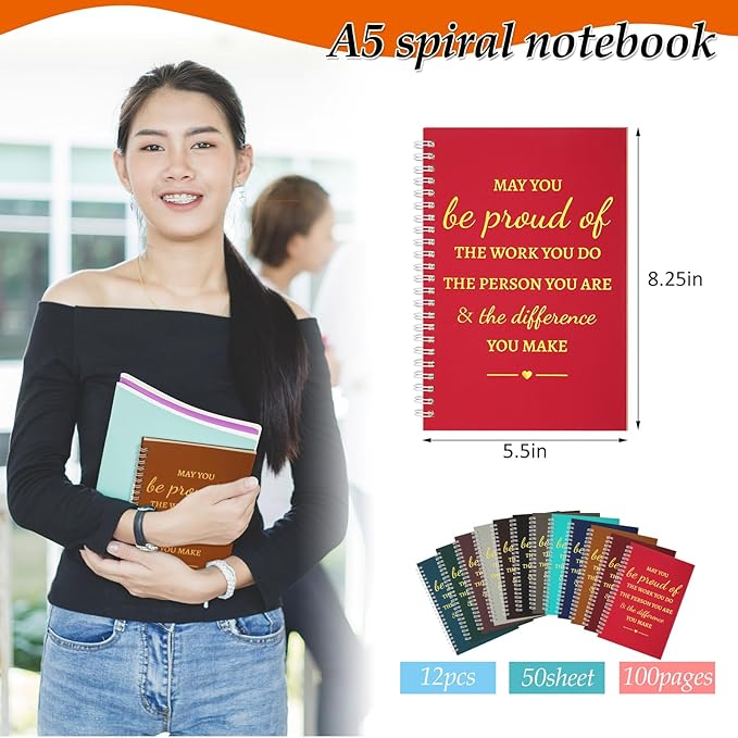 Colarr 12 Pcs A5 Inspirational Spiral Notebook Bulk Appreciation Gift 6x8 Inch Motivational Notepad 100 Page/50sheet Lined College Ruled Journal for Employee Coworker Teacher Nurse (Dark Colors)