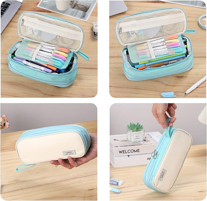Big Pencil Case Zipper Pencil Pouch Organizer Large Capacity Pen Bag with Handle Portable for Girls Kids Adults Gift Pen Case for School Home Office Light-blue