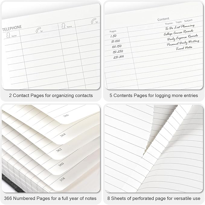Lined Notebook Journal for Men Women, 365 Pages Numbered College Ruled Notebook, Hardcover Leather Journal with Pen & Gift Box, Thick Daily Diary, Professional Notebooks for Work, School, Business, A5