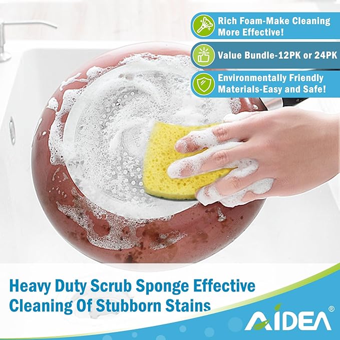 AIDEA Sponges Kitchen, Heavy Duty Scrub Sponge-24Count, Sponges for Dishes, Cellulose Dish Sponge, Scrubbing Power for Tough Messes, Cleaning Power for Non-Coated Cookware, Dishes, Pots, Pans