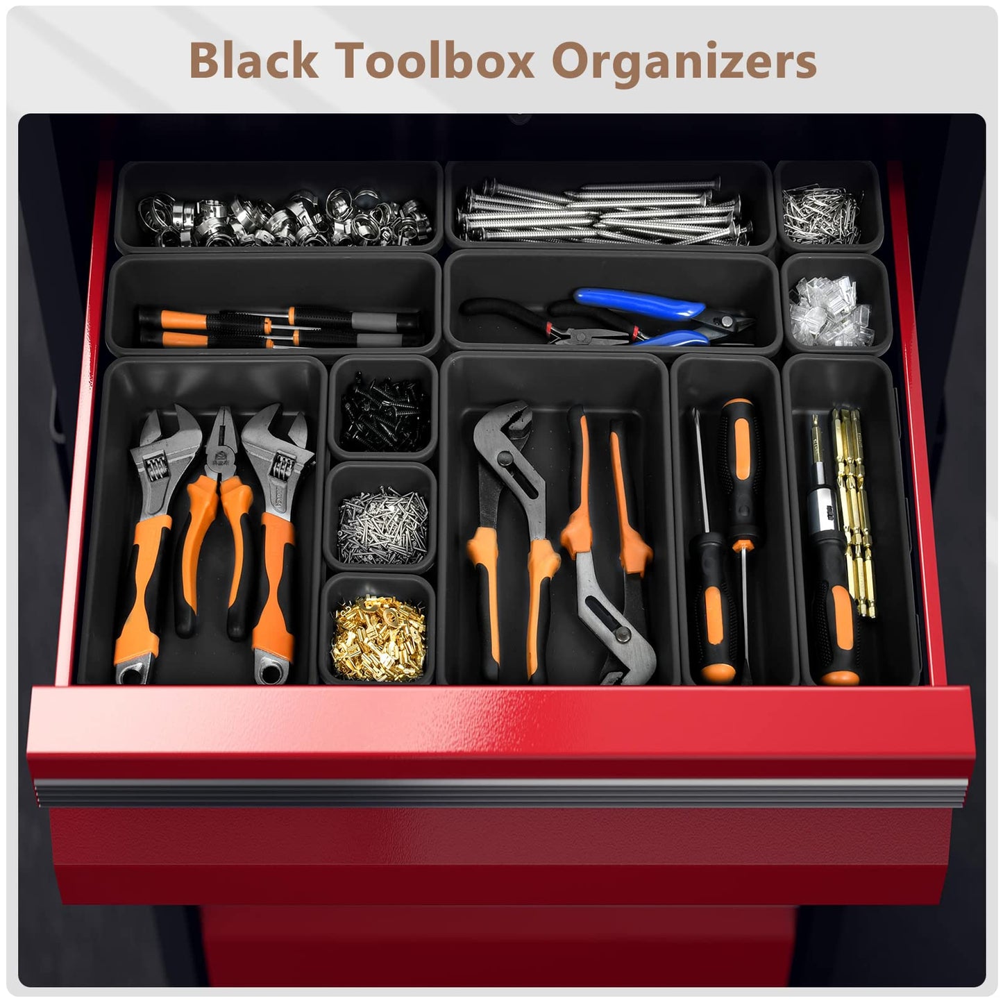 【More Larger Size】A-LUGEI【69 PCS-5 Size】 Tool Box Organizer Tray Divider Set【Black】 Desk Drawer Organizer Bin, Socket Organization and Storage Toolbox for Rolling Tool Chest Cart WorkBench Part Widget