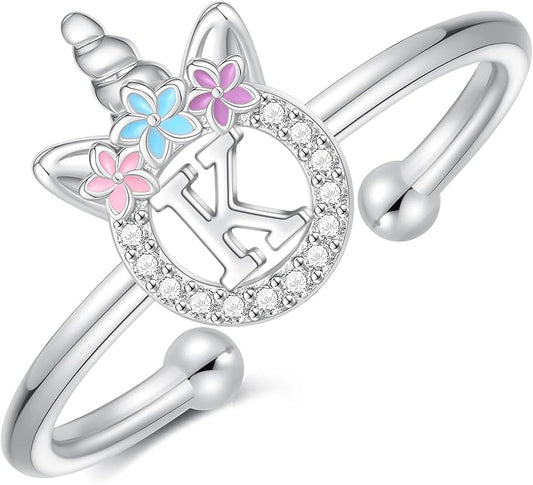 Unicorn Rings Gifts for Girls - Adjustable Initial Ring Dainty Cute Unicorn Rings for Girl Teens Little Girls Jewelry Birthday Gift