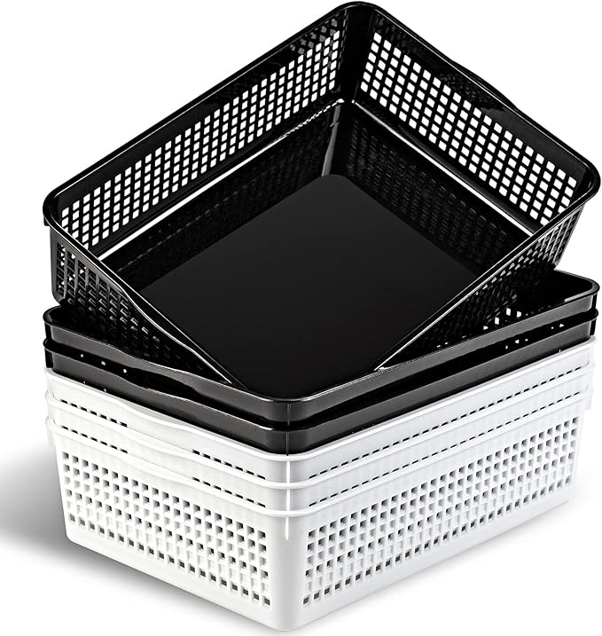 A4 Size Plastic Storage Basket,Desktop File Paper Letter Organizer Tray, 6-Packs (White+Black)