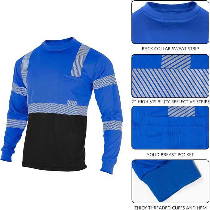 VENDACE Safety T Shirts Reflective High Visibility 3 Pack Hi Vis Long Sleeve Construction Work Shirts for Men (Royal Blue,M)