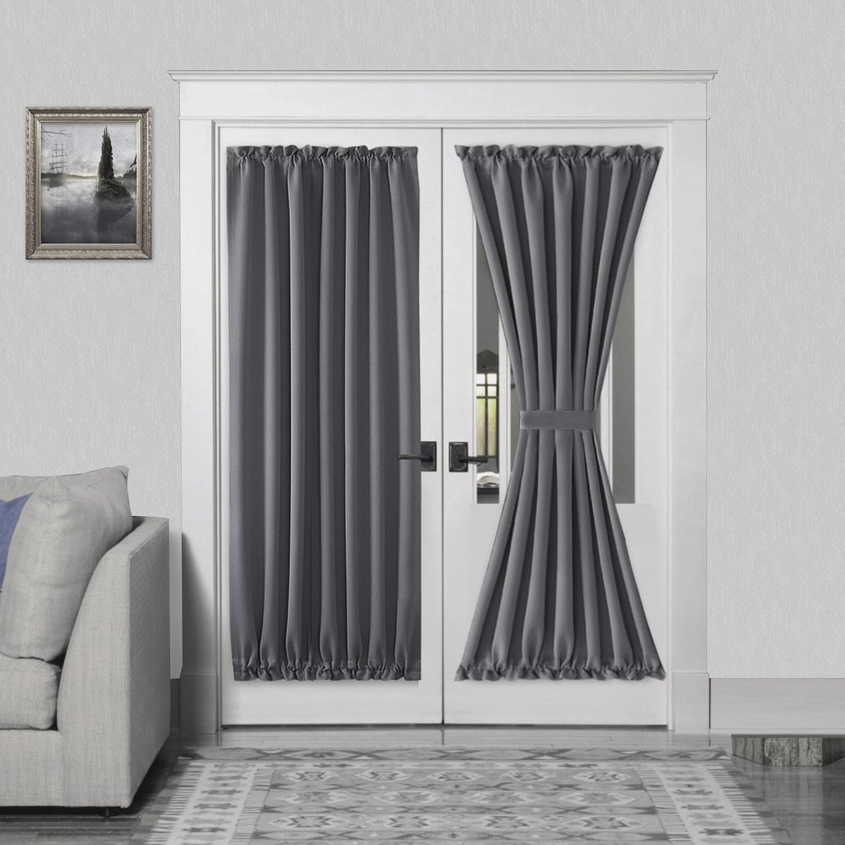 DWCN French Door Curtains â Rod Pocket Thermal Blackout Curtain for Doors with Glass Window, Kitchen and Patio Doors for Privacy, 54 X 72 Inches Long, 1 Curtain Panel with Tieback, Grey
