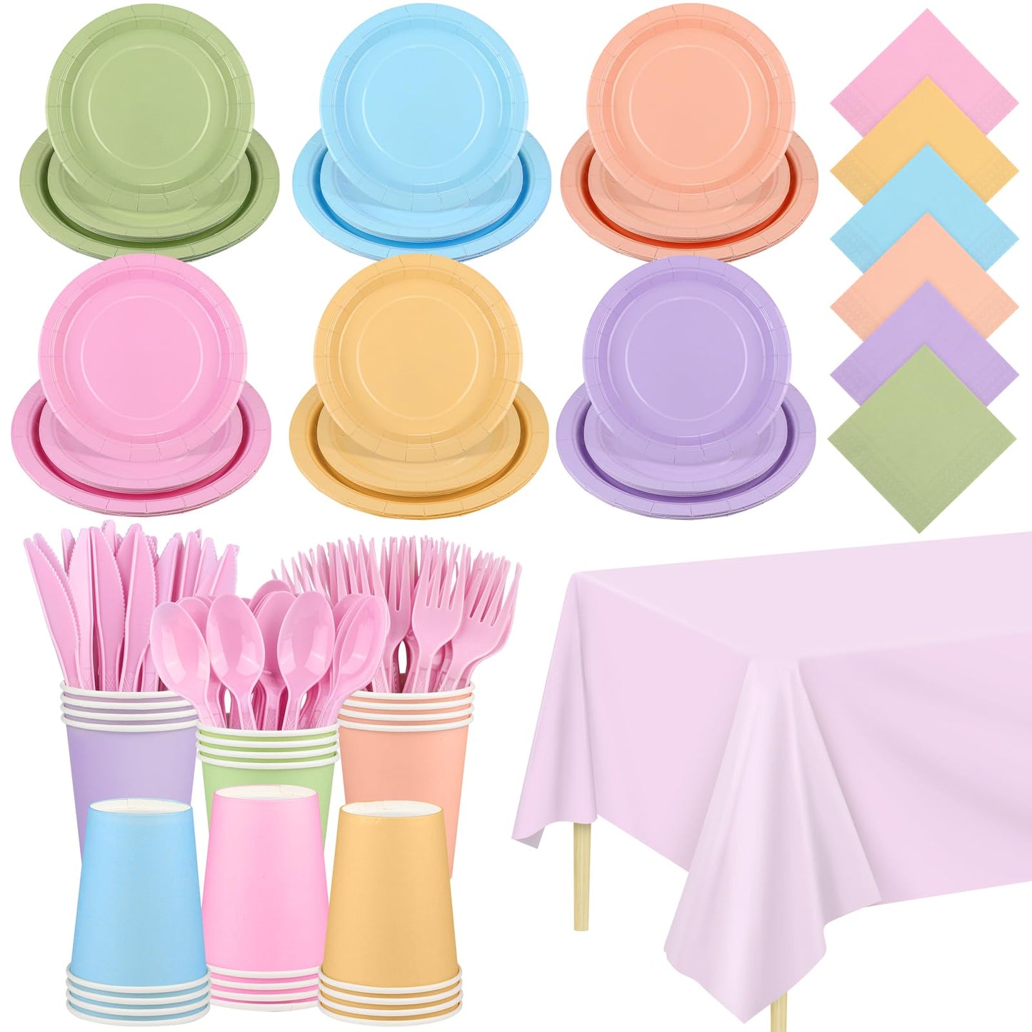 Kochorie 169 Pieces Pastel Party Supplies Disposable Dinnerware Set Include Plates and Cups Napkins Plastic Forks Knives Spoons Tablecloth for Wedding Birthday Party Decorations, Serve 24 Guests