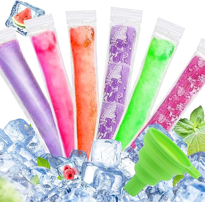 LOMIMOS 160PCS Disposable Ice Popsicle Mold Bags,BPA Free Freezer Tubes With Zip Lock Seal Funnel for Healthy Snack Yogurt Stick Juice Fruit Smoothies Ice Candy Pops Family Party(11"x2.2")