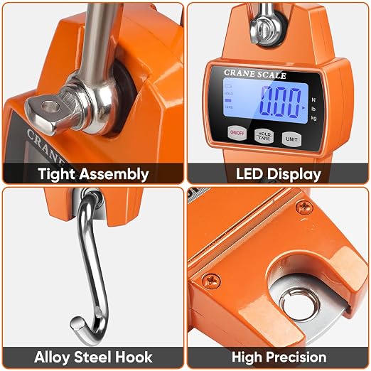 RoMech 660lb Digital Hanging Scale with Cast Aluminum Case, Handheld 300Kg Mini Crane Scale with Hooks for Farm Hunting Fishing Outdoor (Orange)