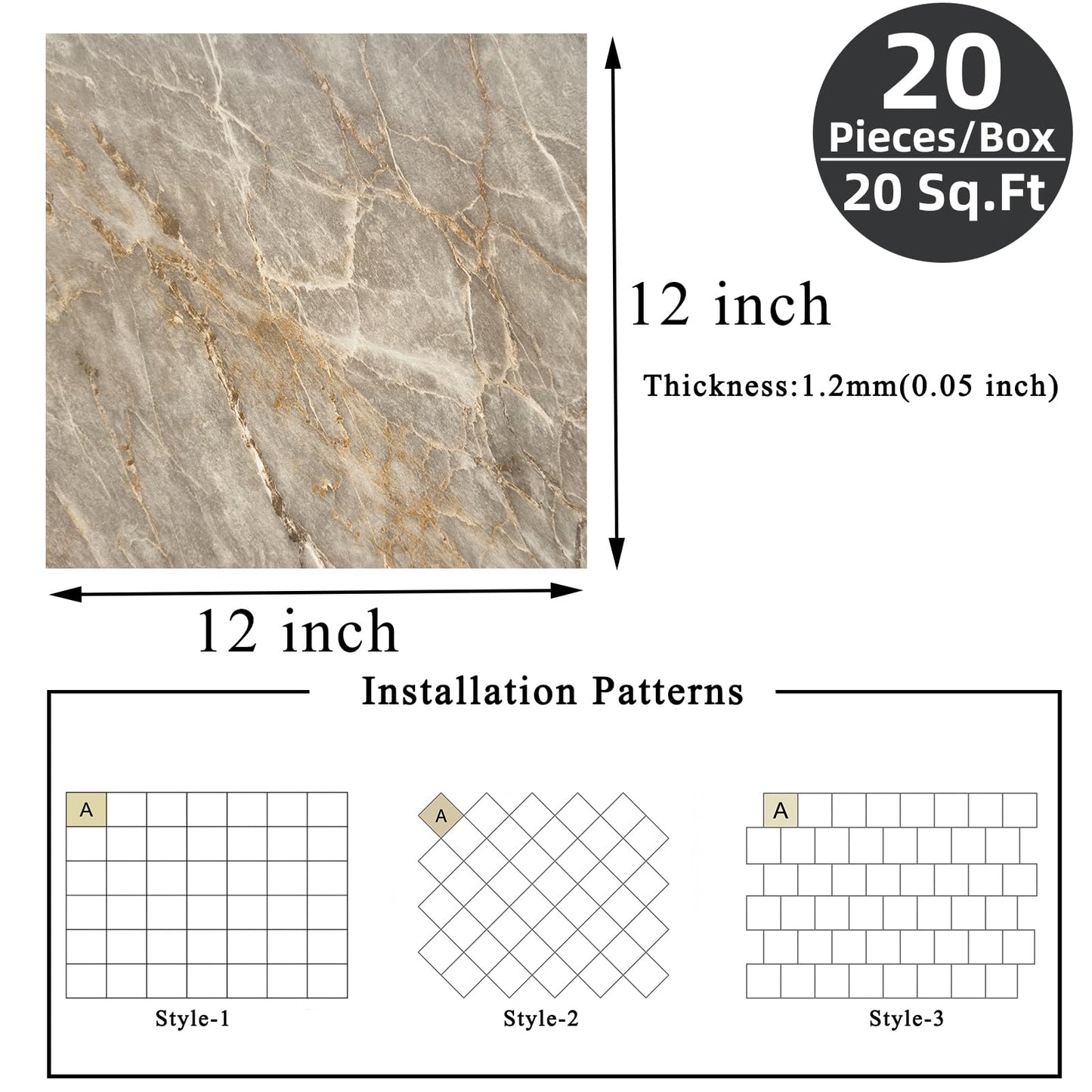 Norine Peel and Stick Floor Tile 12 x 12 Inch Self Adhesive Marble Vinyl Flooring Tile Waterproof Removable Sticker Tiles for Bedroom Bathroom Kitchen, 20 Pack