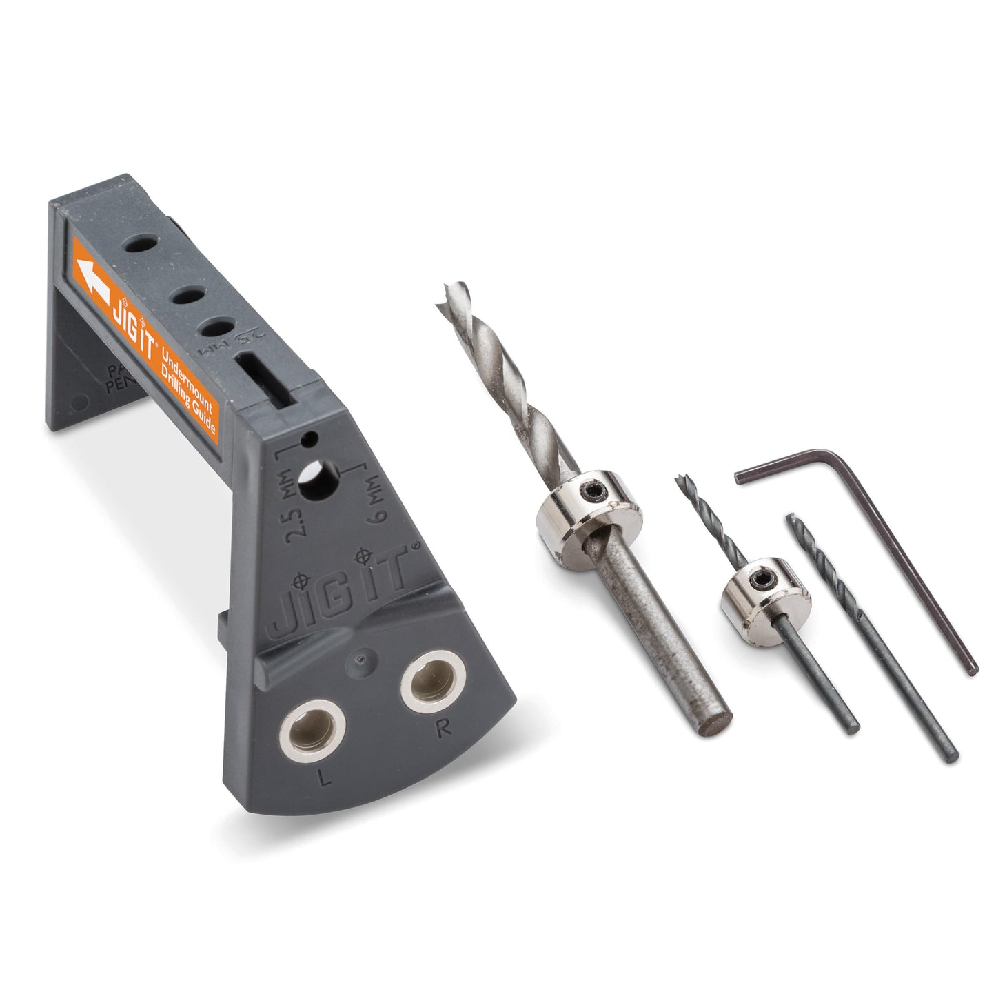 JIG IT Undermount Drilling Guide - Durable ABS Plastic Drill Angle Guide w/Steel Inserts - Drill Guide Jig for Blum Tandem & Drawer Slide – Ideal Woodworking Tools Includes Drill Bits, Collars & More