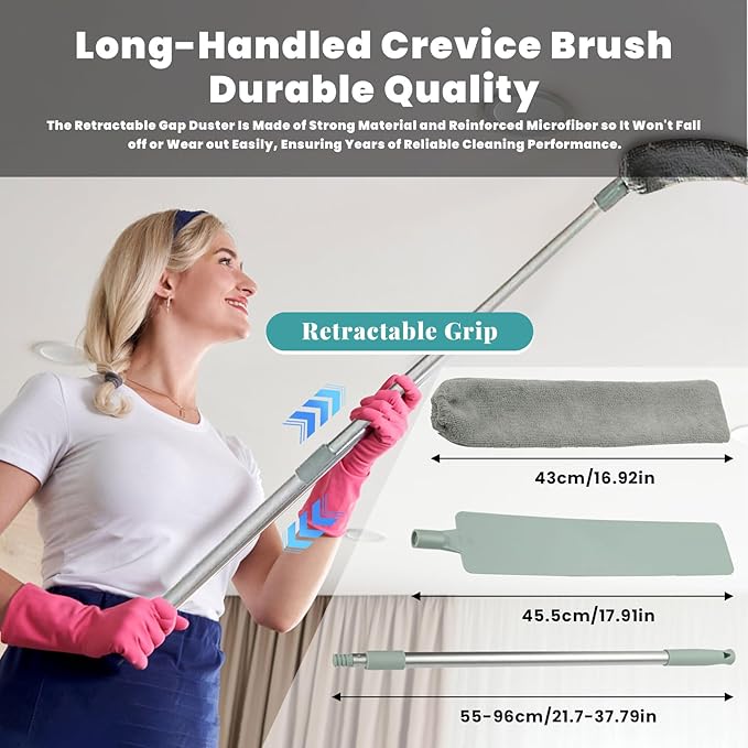 Flat Duster, Retractable Gap Dust Cleaning Artifact, Extendable Microfiber Duster with Bendable & Removable Head, Reusable Washable Dusting Wand for Home,Ceiling,Blinds (1pcs)