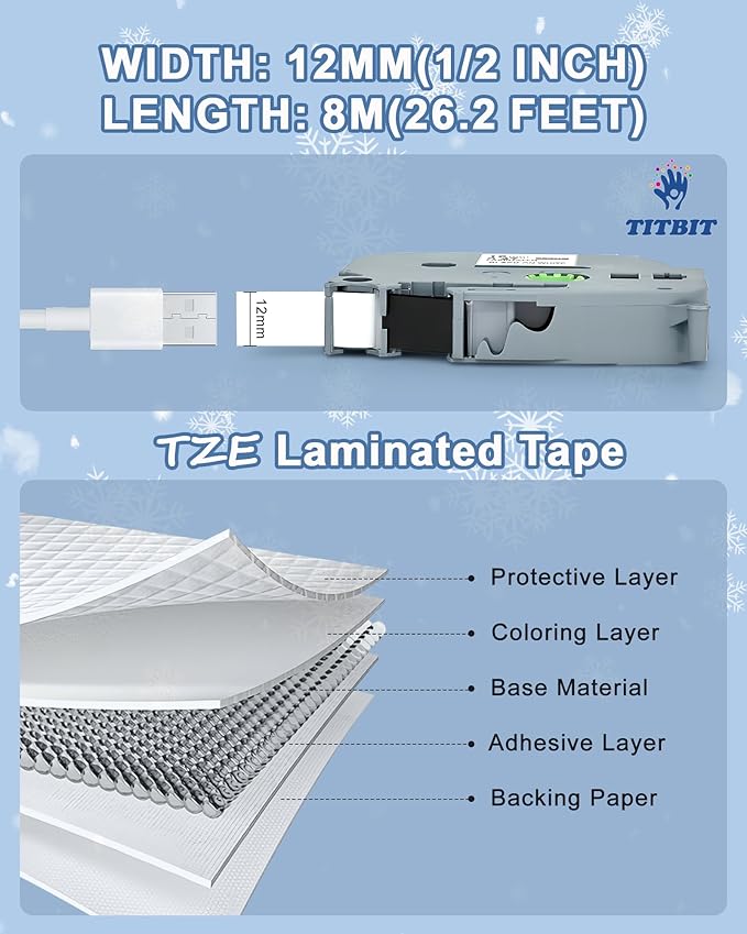 Label Maker Tape Replacement for Brother P Touch Label Tape TZE-231 Tz231 Laminated Tape Black on White 12mm 0.47 inch x 26.2ft 8m 1/2 for Ptouch PTD400AD PTH110 PT-D210 PT-D400 PTD600 PTD220,5 Pack