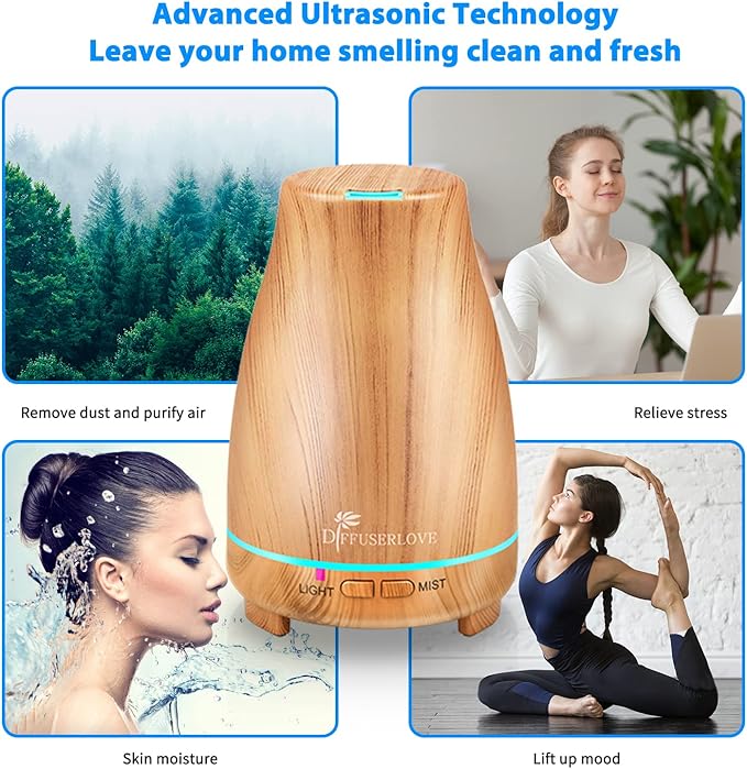 Diffuserlove Essential Oil Diffusers 200ML Diffuser Remote Control Aromatherapy Diffuser with 7 Color Lights, Auto Shut-Off for Bedroom Office Kitchen (Yellow Wood Grain)