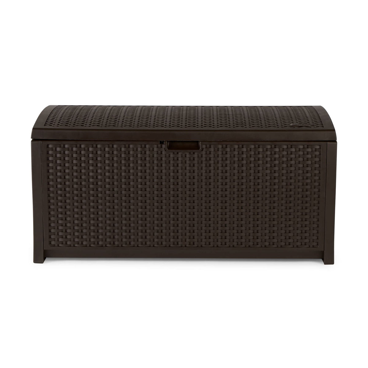 Suncast 73-Gallon Medium Deck Box - Lightweight Resin Indoor/Outdoor Storage Container and Seat for Patio Cushions and Gardening Tools - Store Items on Garage, Yard - Mocha Brown