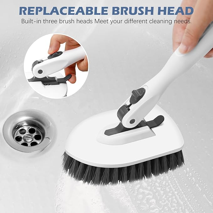 SetSail 4-in-1 Tile Tub Floor Scrubber with 52-inch Adjustable Long Handle Shower Cleaner Brush Comes with Window Scrubber and 3 Replacement Brush Heads for Cleaning Bathroom Tub Tile, White Grey
