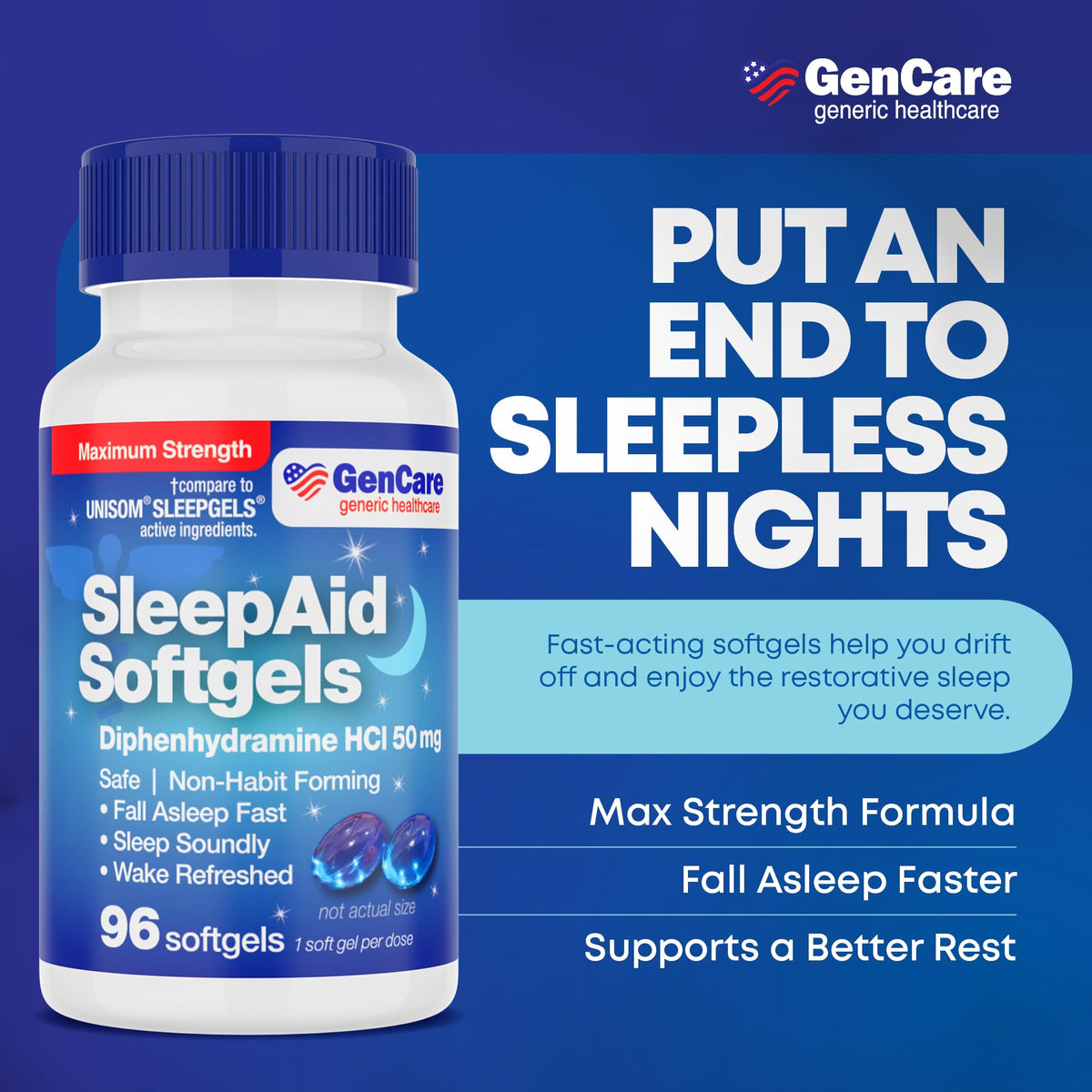 GenCare Maximum Strength Nighttime Sleep Aid Supplement for Adults Deep Sleep Pills with Diphenhydramine HCl 50mg to Fall Asleep Faster- Strong Non-Habit Forming PM Sleeping Relief [96 Softgels]
