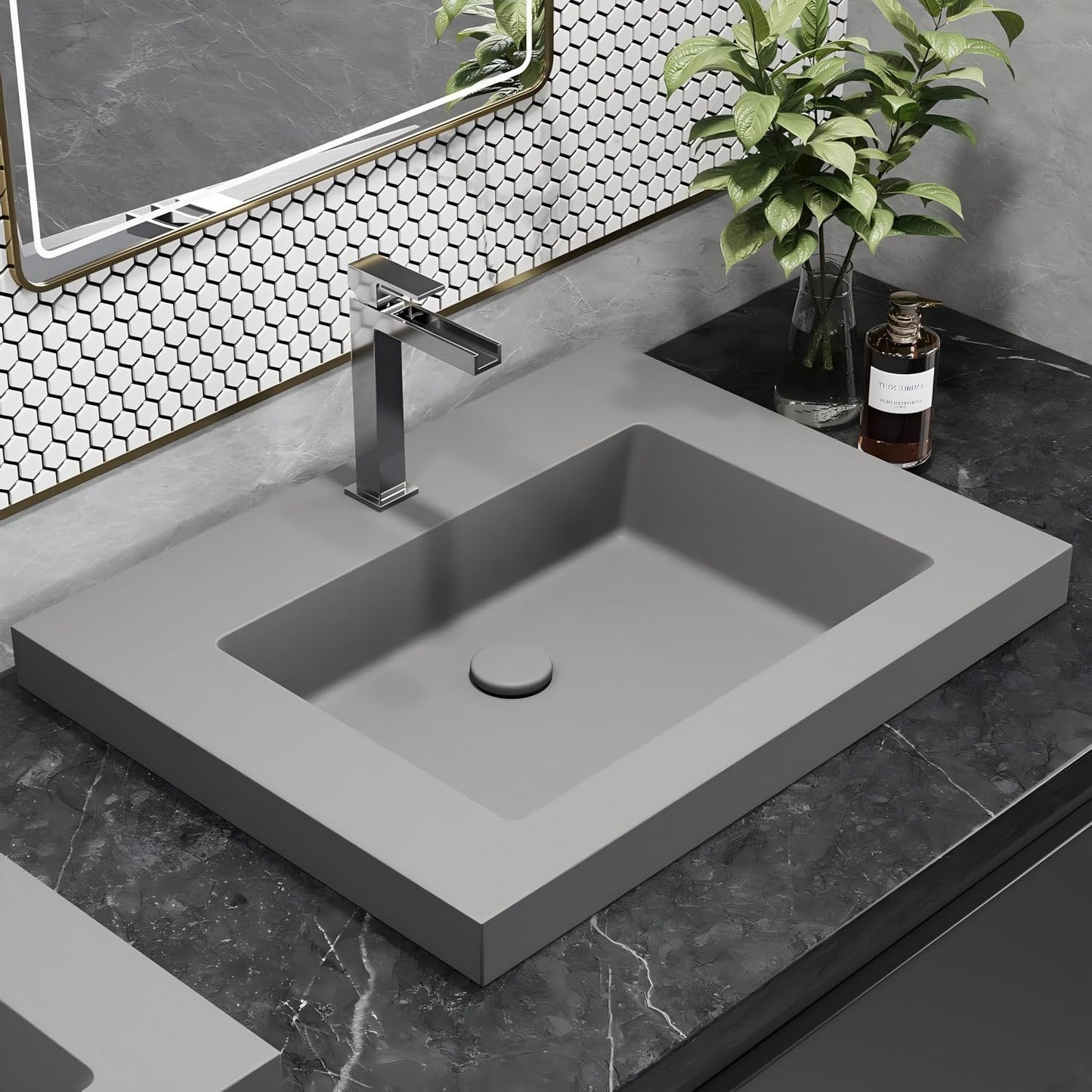 COGITIL Vessel Sink 23" Gray Concrete Drop in Bathroom Sink, Industrial Minimalist Design, Durable Cement Finish, Easy Above Mount Installation. Handcrafted Art Piece For Any Bathroom, Gray