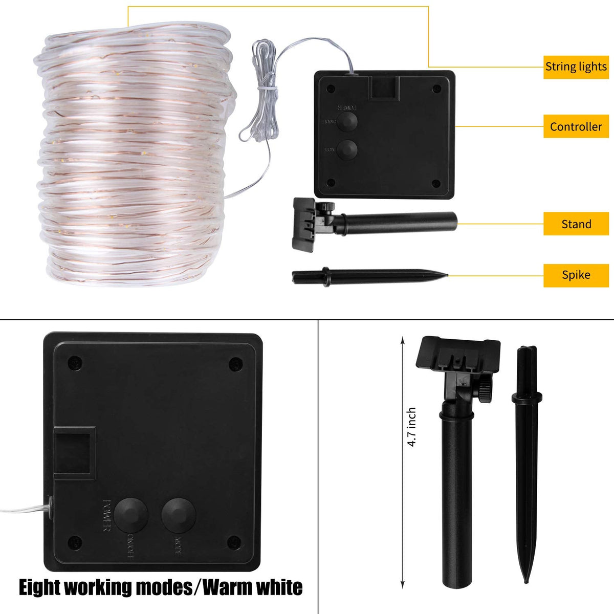 Brightown Solar Rope Lights, 39FT 100LED Outdoor Solar String Lights, IP65 Waterproof Solar Powered Fairy Lights with 8 Lighting Modes for Party Garden Yard Home Holiday Tree Decoration, Warm White