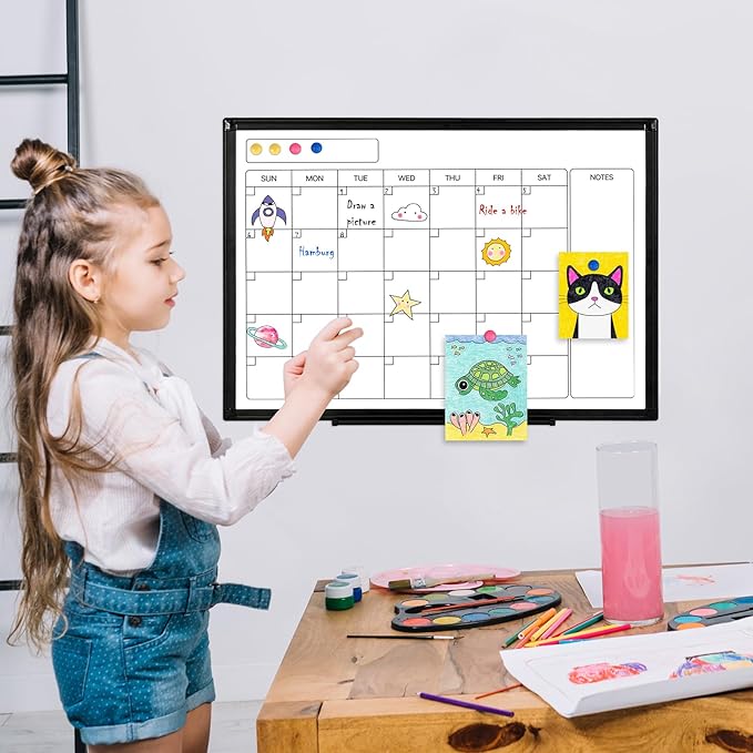 Monthly Calendar Dry Erase Whiteboard, 24" x 18" Magnetic Calendar White Board, Double-Sided Portable Board with Black Aluminium Frame for Office, Kitchen, School, Home