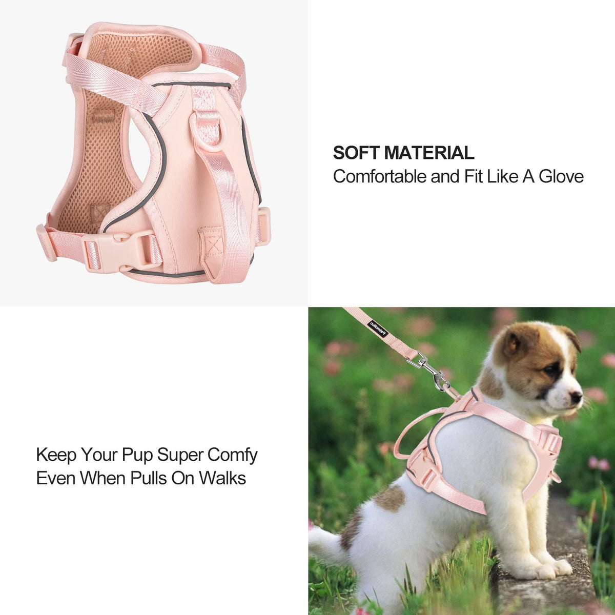 Petmolico Dog Harness for Small Dogs, Cute Harness Vest with Two Leash Clips and Soft Handle, Reflective Easy Walk Puppy Vest - Pink, Medium