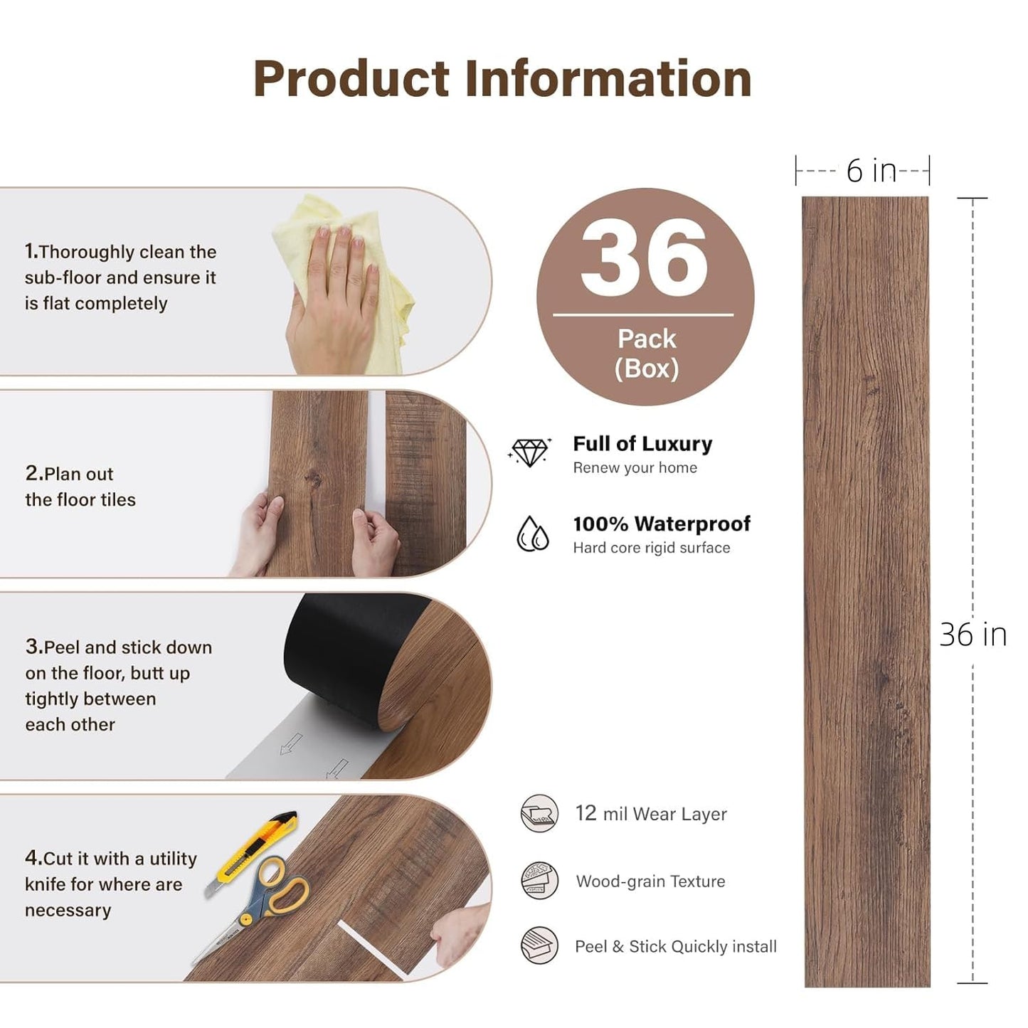 Peel and Stick Floor Tile, INMOZATA 36-Pack 54 Sq.Ft Self Adhesive Vinyl Plank Flooring Wood Grain Look 36x6 Inch Waterproof Tile Sticker for Bedroom, Living Room, Kitchen, RV (Smoked Brown)