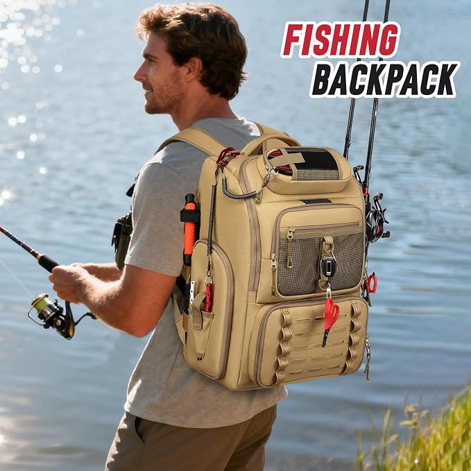 Fishing Tackle Backpack,Tackle Bag with 2 Rod Holders & 4 Tackle Boxes,Water-Resistant Large Storage Fishing Gear and Equipment, Fisher Gifts for Men, Khaki