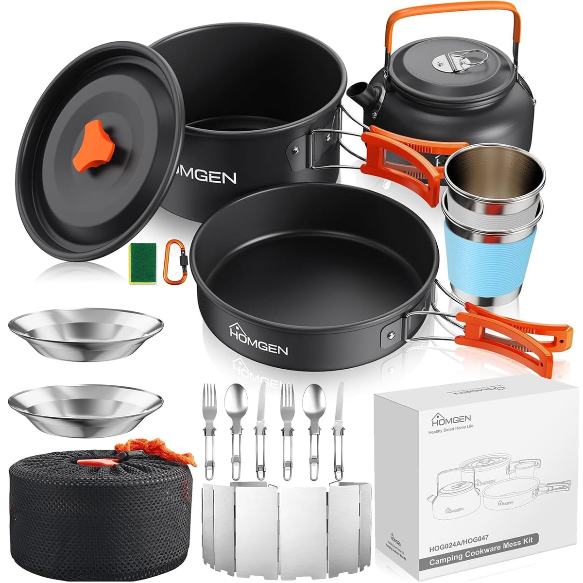 HOMGEN Portable Camping Cooking Set with Folding Windscreen-Lightweight Aluminum Camp Pots and Pan-800ml Teapot- 2 Cups & Plates- Complete Camping Mess Kit for Hiking Picnic Camping RV Trevel Trip