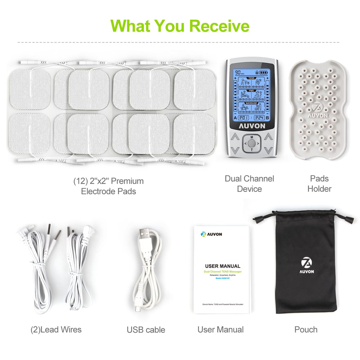 AUVON Dual Channel TENS EMS Unit 24 Modes Muscle Stimulator for Pain Relief, Rechargeable TENS Machine Massager with 12 Pads, ABS Pads Holder, USB Cable and Dust-Proof Storage Bag