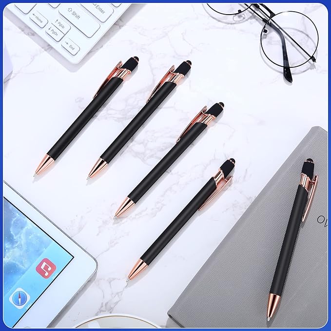 12 Pieces Ballpoint Pen with Stylus Tip, 1.0 mm Black Ink Metal Pen Stylus Pen for Touch Screens, 2 in 1 Stylus Ballpoint Pen (Black and Rose Gold)
