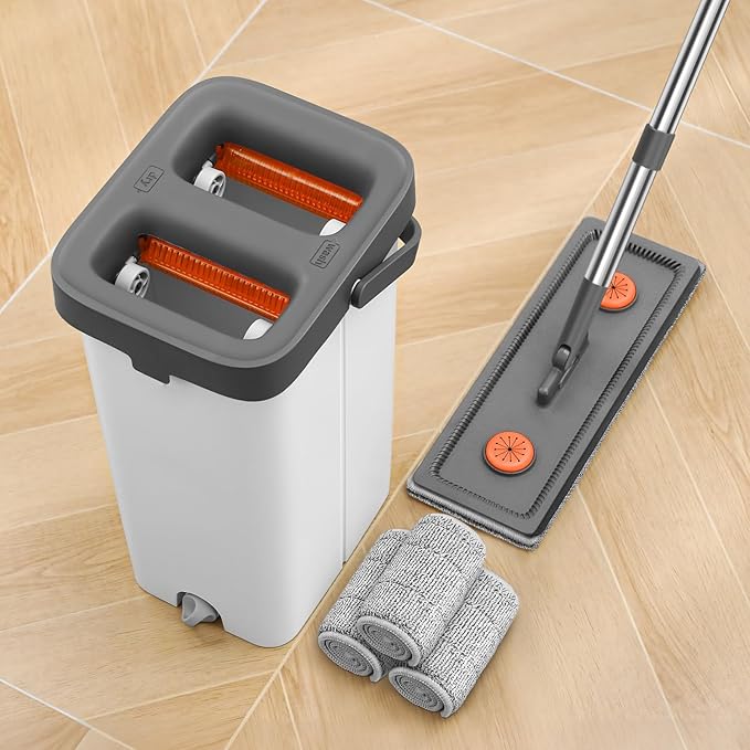 MOPALL Mop and Bucket with Wringer Set for Home, Hands-Free Flat Mop and Bucket Set for Floor Cleaning and Window Wall Cleaner, Wet and Dry Mop with 61" Long Handle and 3 Microfiber Pads