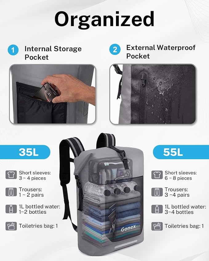 Gonex Ultralight Waterproof TPU Backpack, 35L Roll Top Dry Bag with Comfortable Padded Back Panel for Kayaking Boating Camping Fishing Travel,Grey